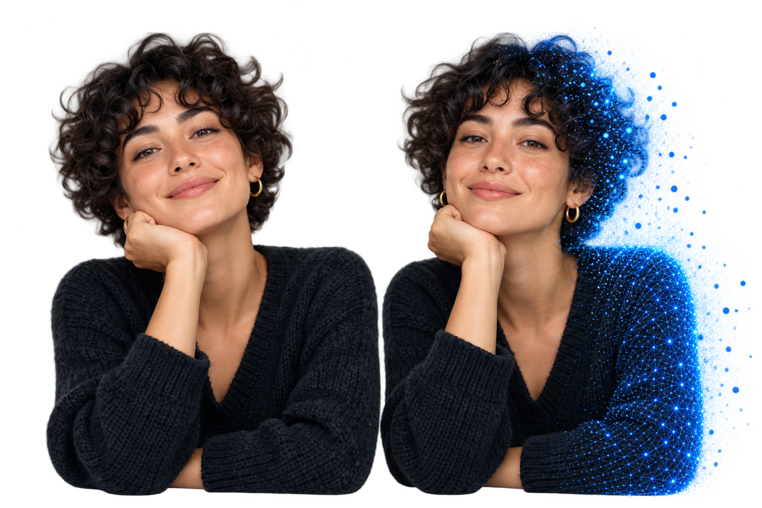 A curly-haired woman beside an identical digital version of herself, glowing with blue particles